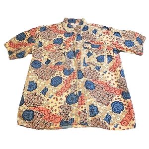 VINTAGE STUNT COLLECTION | Men's tan medallion floral print silk shirt. Size L.